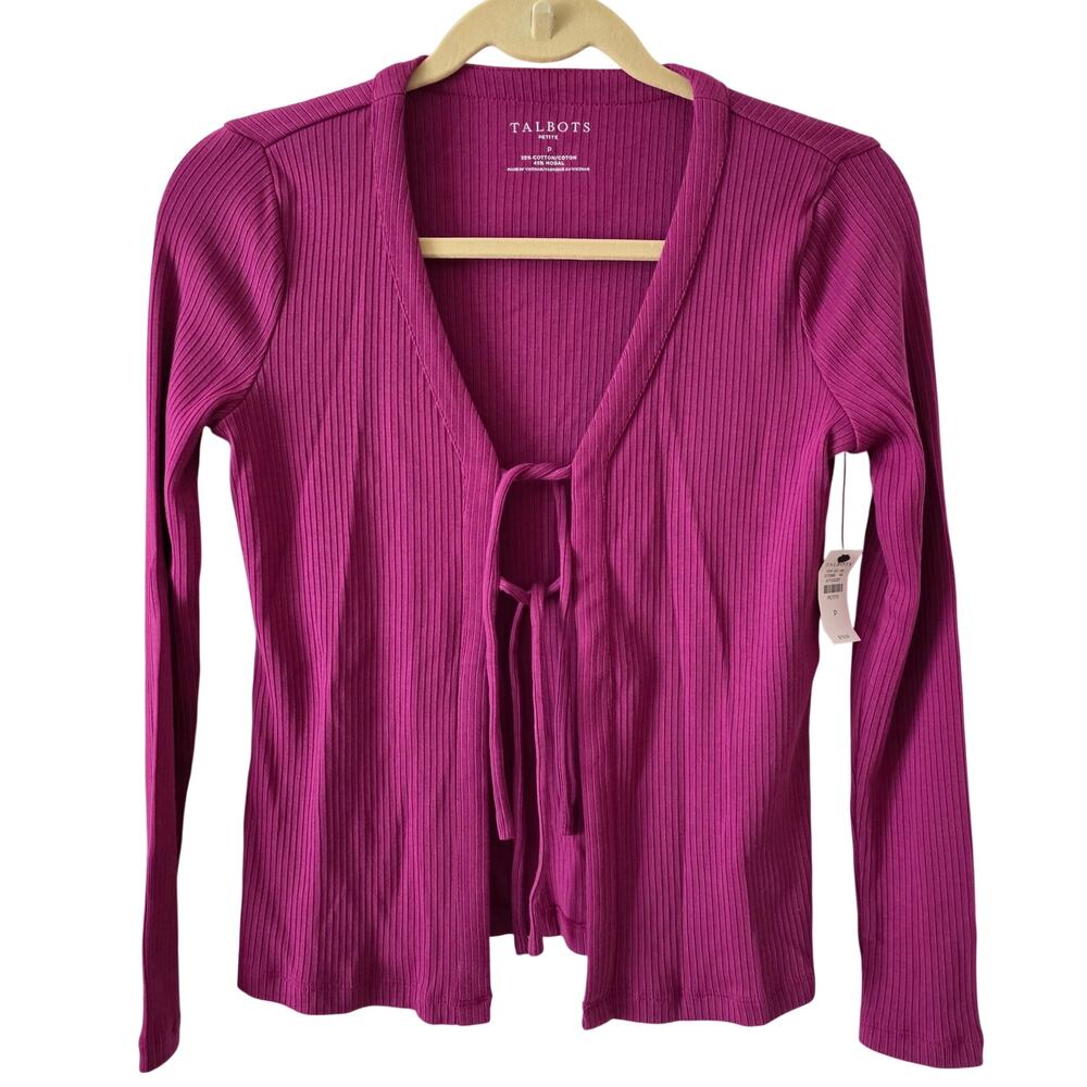 Talbots Petites Magenta Pink Ribbed Tie-front Cardigan Size Small